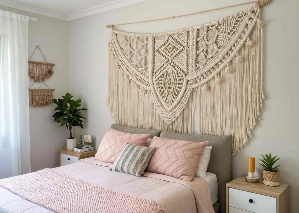 A bedroom wall with a large handmade macrame wall hanging above the bed.