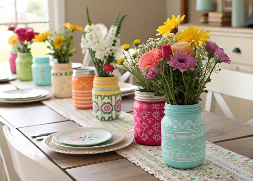 A dining table decorated with colorful painted jars holding fresh flowers.