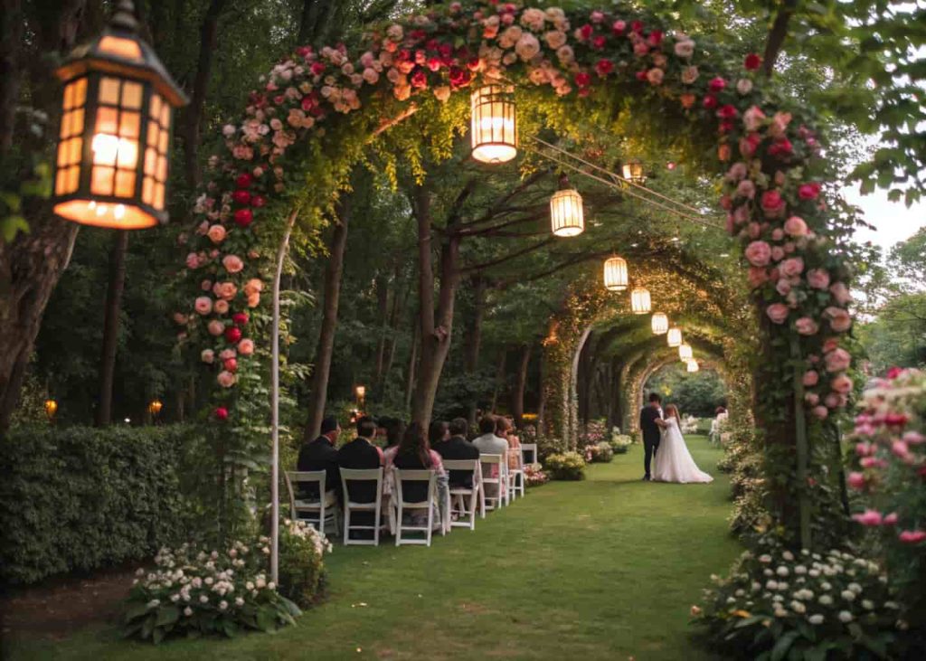 A lush garden wedding setup with floral arches, hanging lanterns, and guests seated on white chairs.