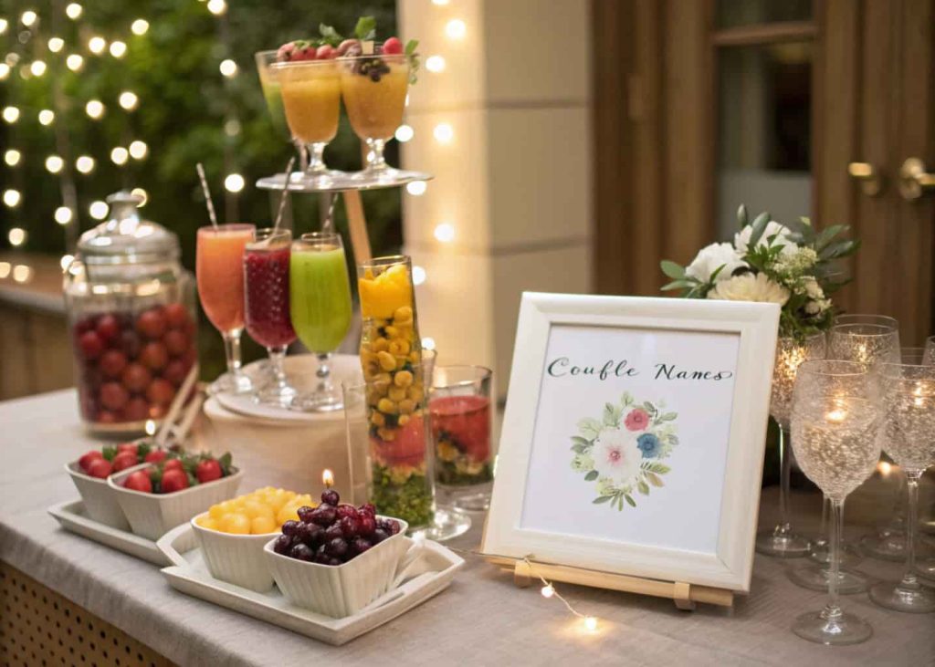 A chic wedding cocktail station with colorful drinks, decorative garnishes, and a small sign displaying the couple’s names.