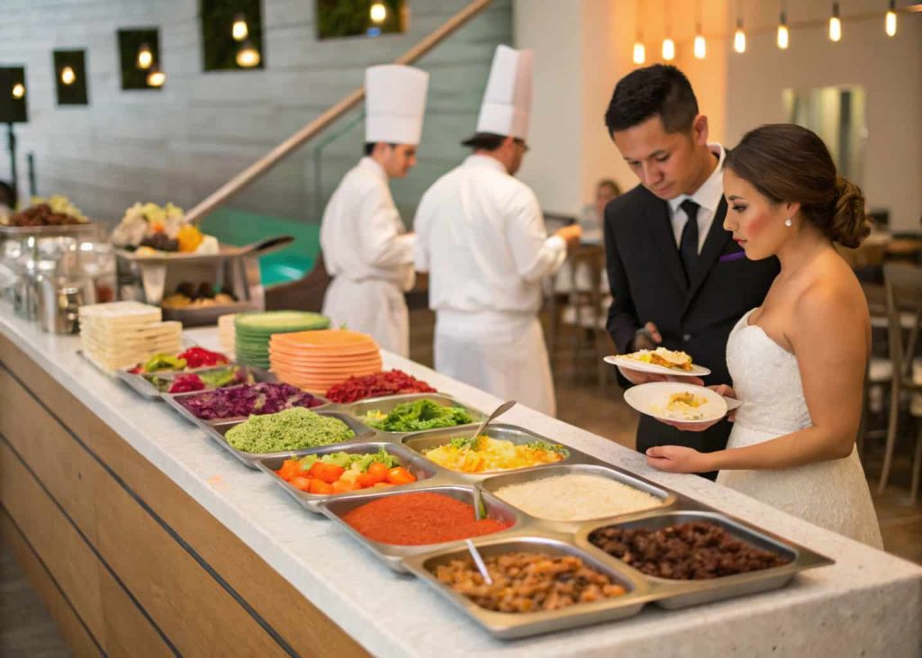 An interactive wedding food station with guests customizing tacos and chefs preparing dishes live.