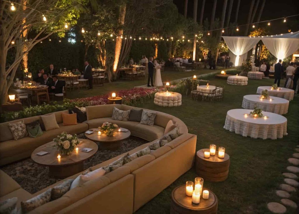 A wedding reception with mixed seating arrangements, long tables, round tables, and cozy lounge areas with candles.