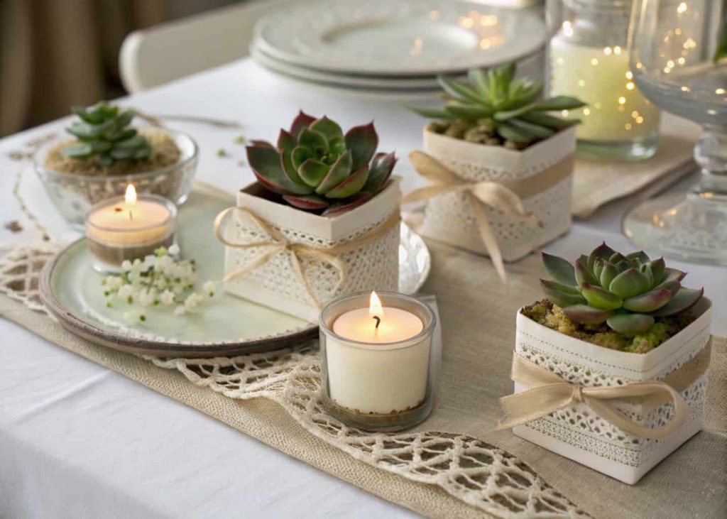 Personalized wedding favors including mini candles and succulents arranged on a decorated table.
