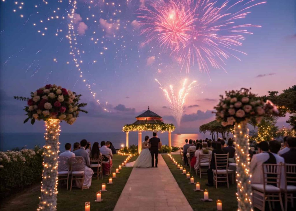 Evening wedding fireworks over a decorated outdoor venue with guests watching.
