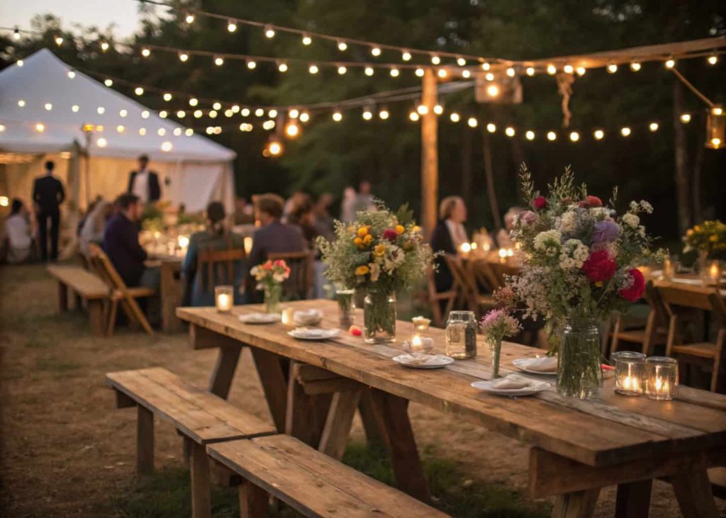 A wedding reception with a rustic chic theme including wooden tables, wildflowers, and soft lighting.