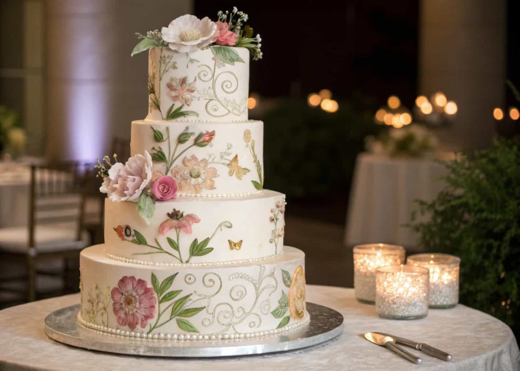 Multi-tiered wedding cake with hand-painted floral designs and elegant decorations on a table.