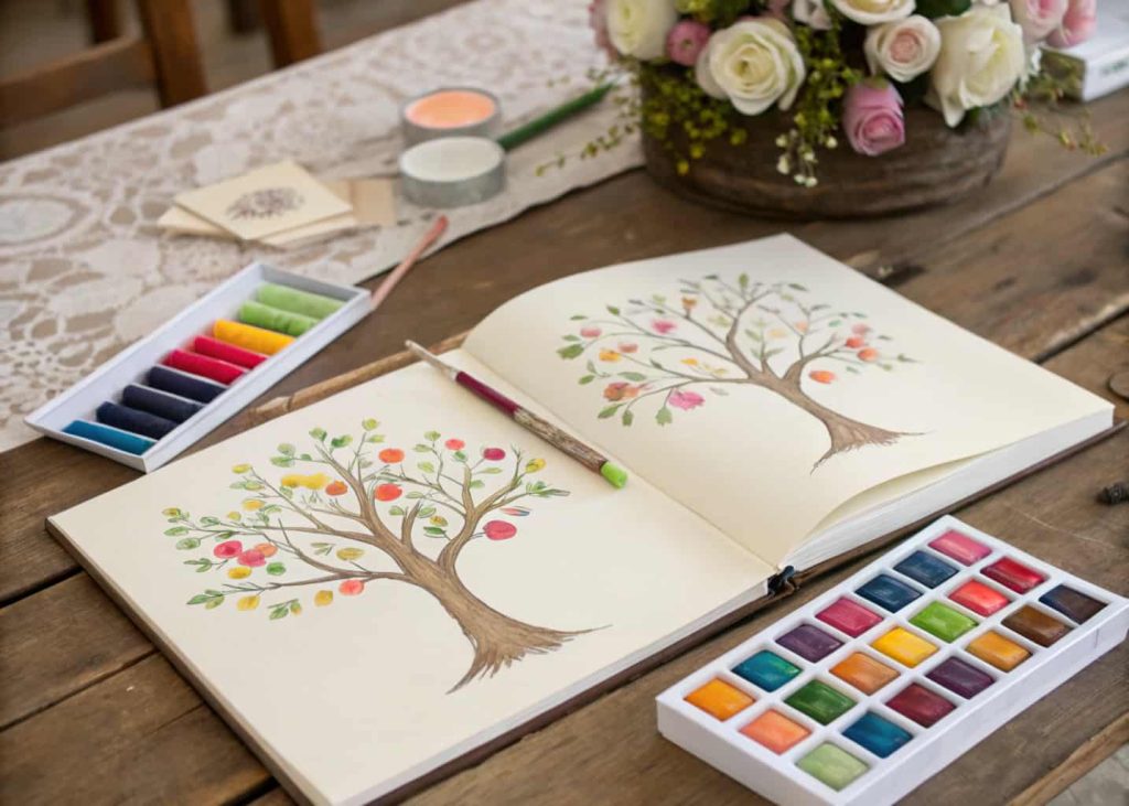 Interactive wedding guest book with a fingerprint tree and colorful ink pads for guests.