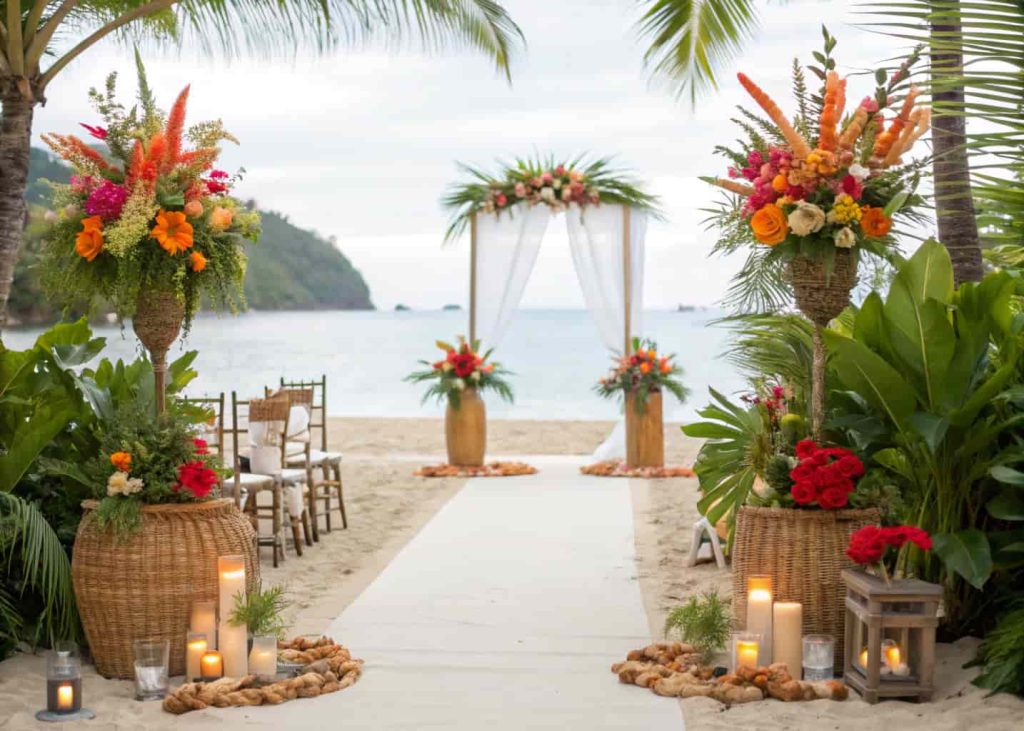 Destination-inspired wedding setup with tropical flowers, exotic décor, and themed centerpieces.