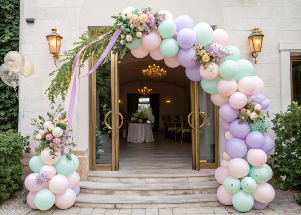 A large pastel balloon arch with gold accents and some greenery, set at a wedding entrance.
