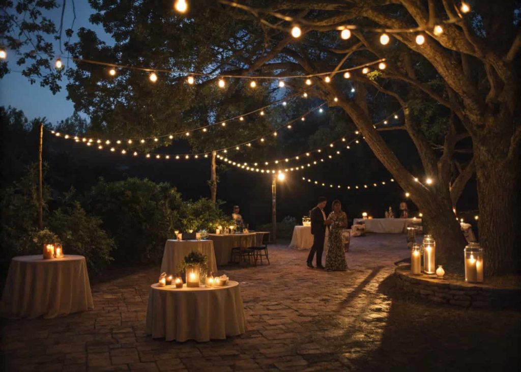 A cozy evening event with string lights overhead, candles on tables, and soft shadows around the space.