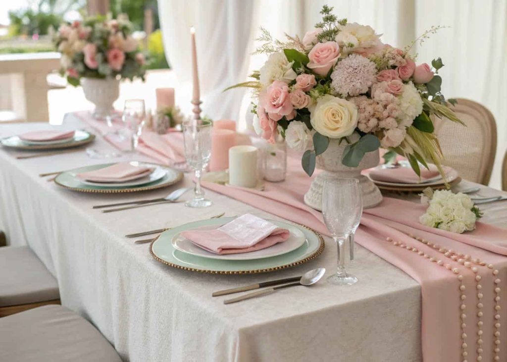 A wedding table setup with pastel linens, matching napkins, floral arrangements, and elegant cutlery.