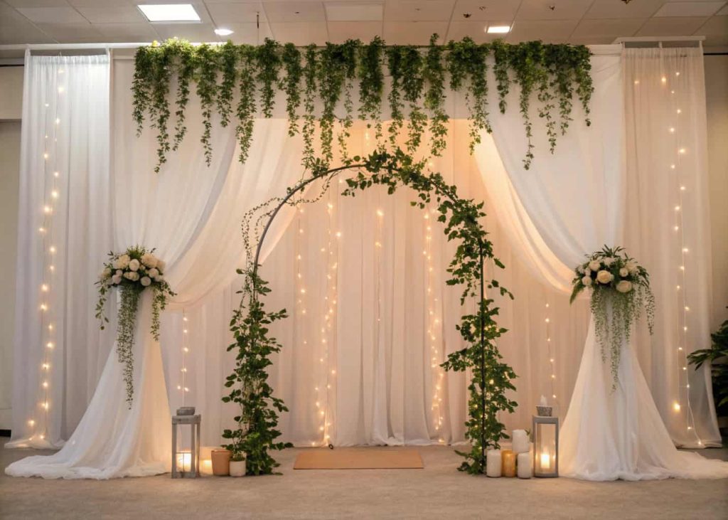 A wedding photo backdrop with white drapes, hanging greenery, soft lighting, and a floral arch.