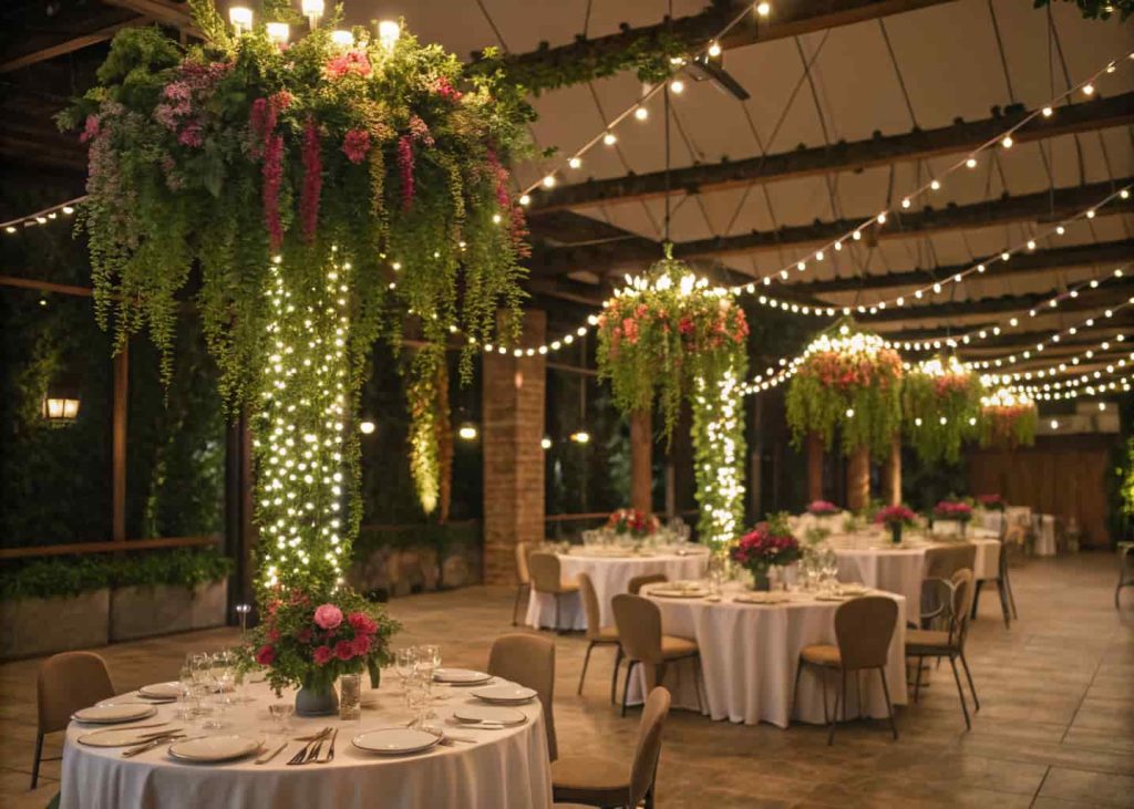A banquet hall with hanging greenery garlands and flowers, fairy lights intertwined above round tables.