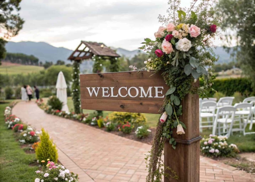 A rustic wooden welcome sign with floral accents at an outdoor wedding entrance.