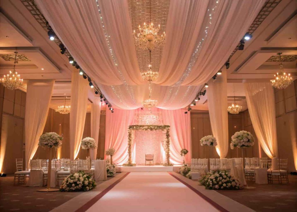 A wedding venue with soft pastel drapes along the ceiling, warm uplighting, and a decorated stage.
