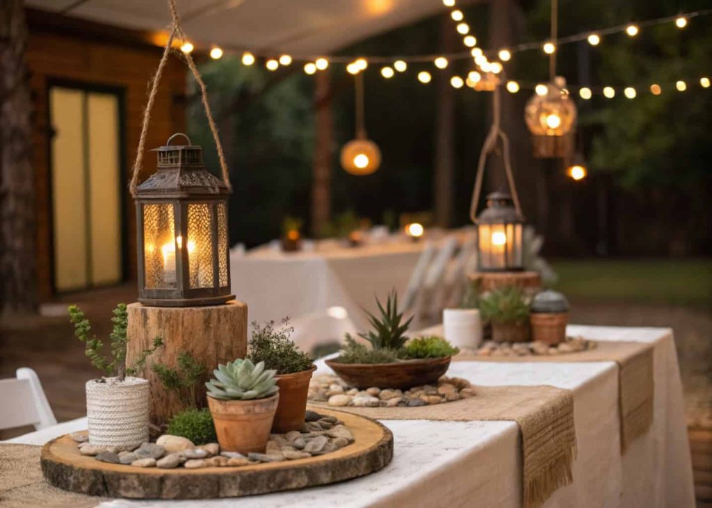 A rustic event table with lanterns, small potted plants, and decorative stones as the centerpiece.