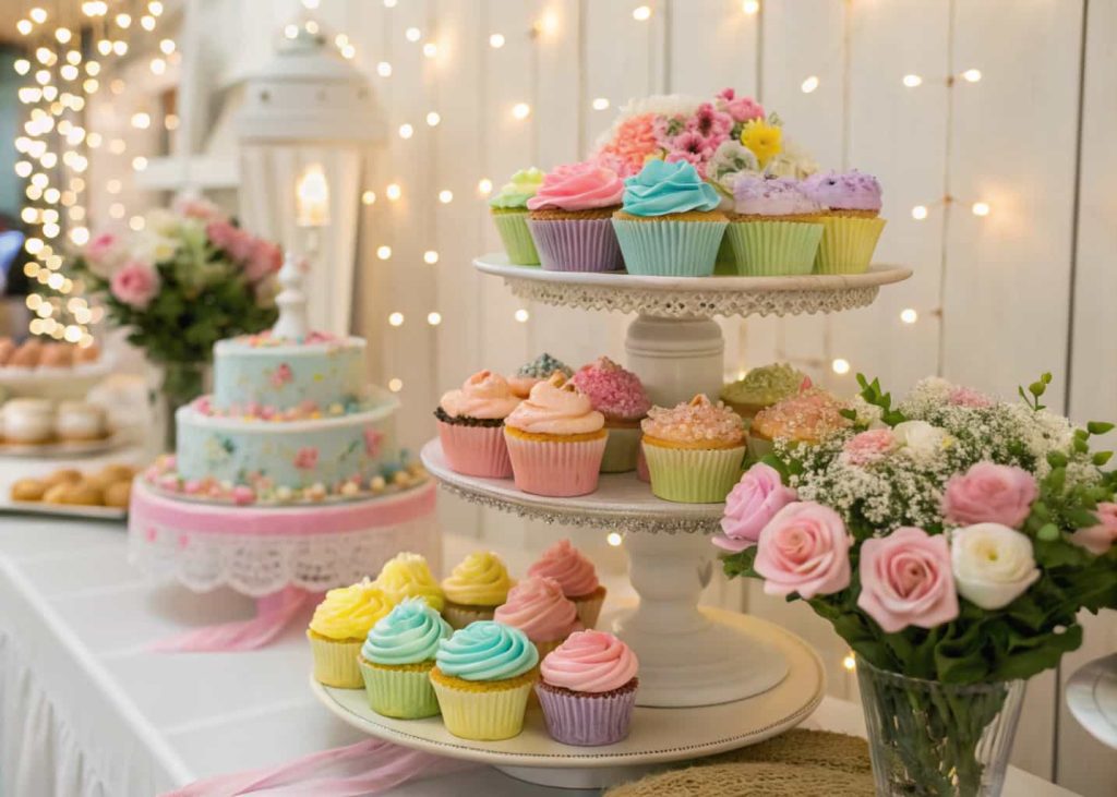 A dessert station with colorful cupcakes, floral arrangements, and small fairy lights, ready for guests to enjoy.