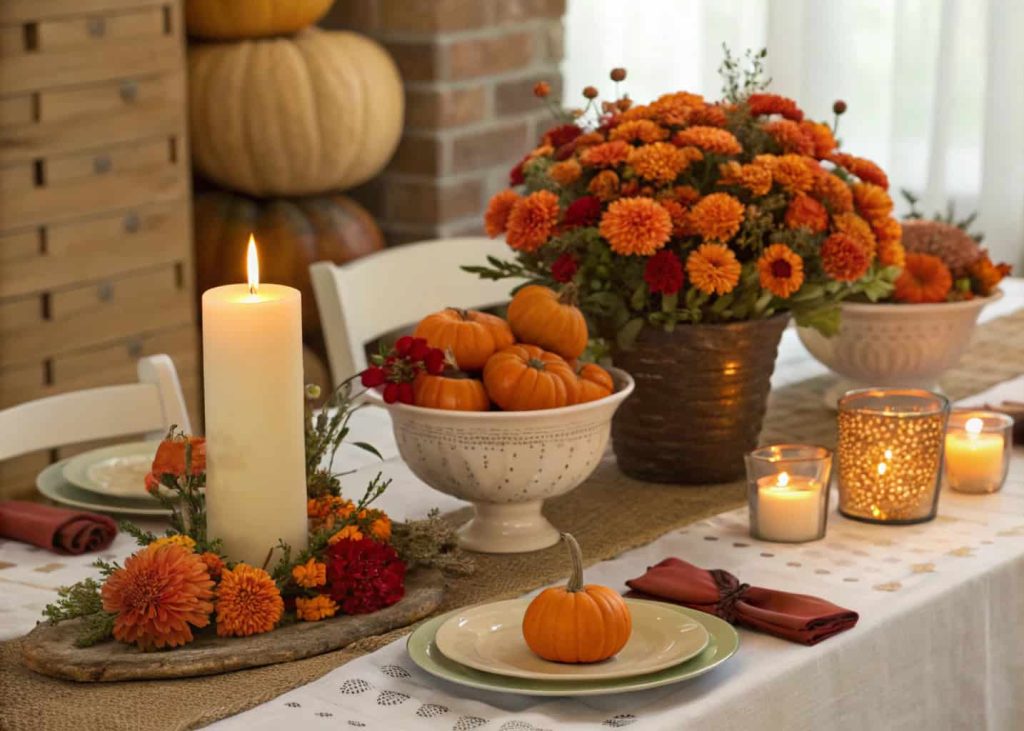 A fall-themed event table with small pumpkins, orange and red flowers, and warm candlelight.