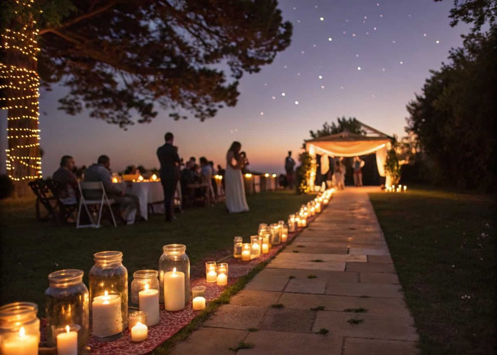An outdoor evening event with candles in glass jars lining walkways and scattered on tables.
