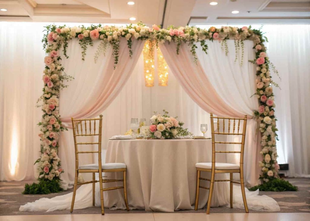 A wedding sweetheart table with gold chairs, floral garlands, and soft drapery behind.
