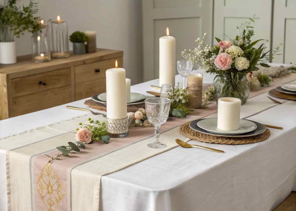 A banquet table with a layered setup: linen, runners, candles, small flowers, and decorative accents.