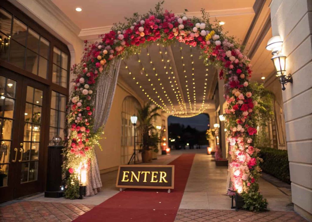 A grand entrance with a floral arch, twinkling lights, and a welcome sign for guests.