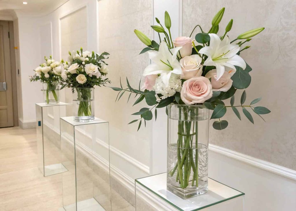 Modern minimalist DIY flower bar, clear acrylic vases with white lilies, pale pink roses, eucalyptus, clean indoor setup, neutral tones, elegant design.