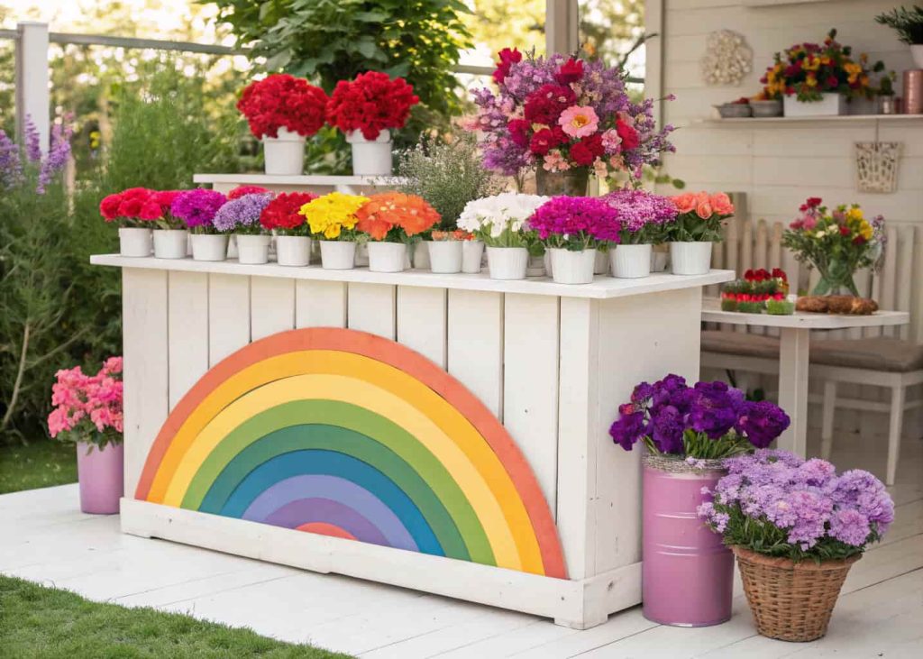 DIY rainbow flower bar, flowers arranged by color, red, orange, yellow, green, blue, purple, cheerful outdoor or indoor setup, bright and vibrant.
