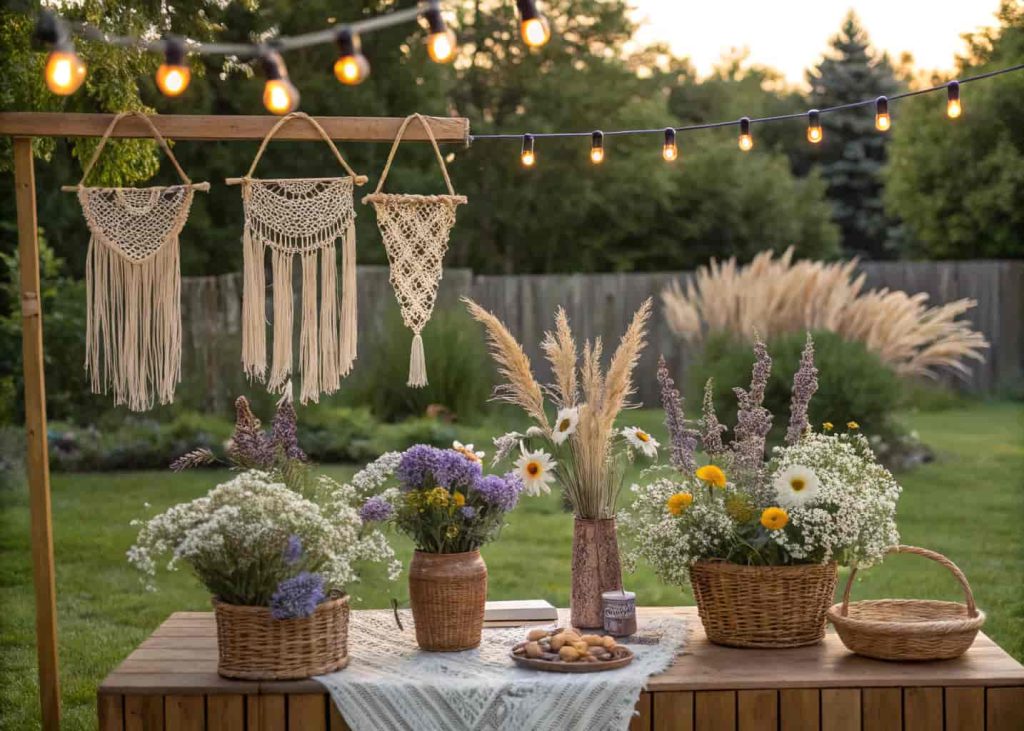 Boho-chic DIY flower bar, macrame hangings, wicker baskets with wildflowers, lavender, daisies, pampas grass, outdoor party, soft fairy lights.