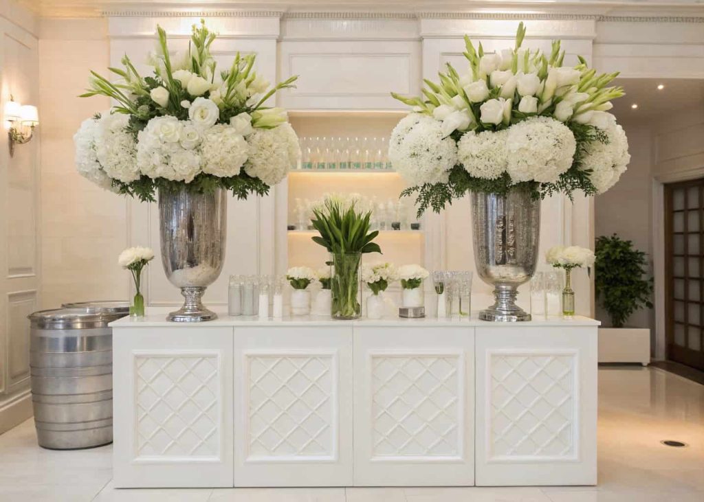 Elegant white DIY flower bar, white roses, lilies, hydrangeas, tall vases, silver urns, indoor wedding setup, sophisticated style.