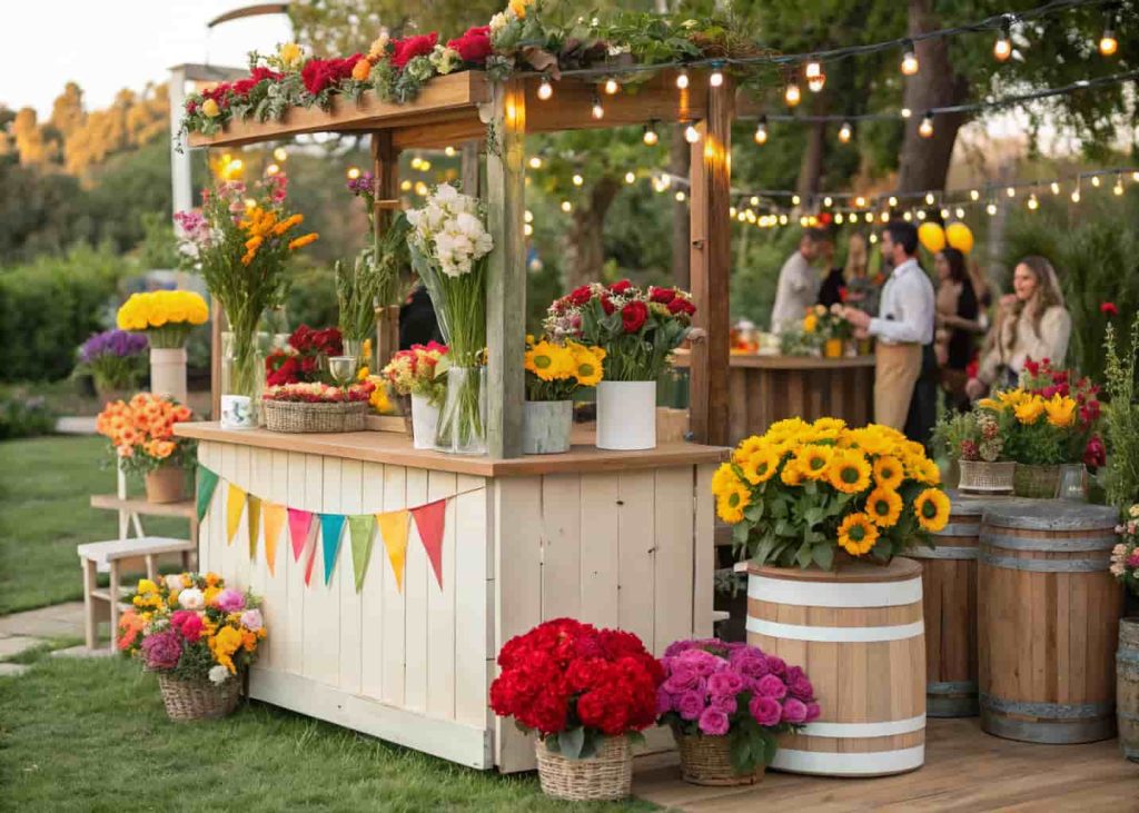 Seasonal DIY flower bar, tulips, sunflowers, chrysanthemums, poinsettias depending on season, festive decoration accents, outdoor celebration.