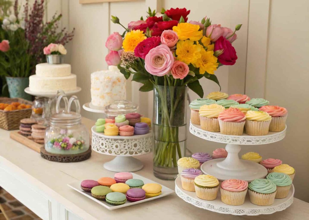 DIY flower bar next to dessert table, cupcakes, macarons, colorful flowers in small jars, indoor celebration, playful and elegant vibe.