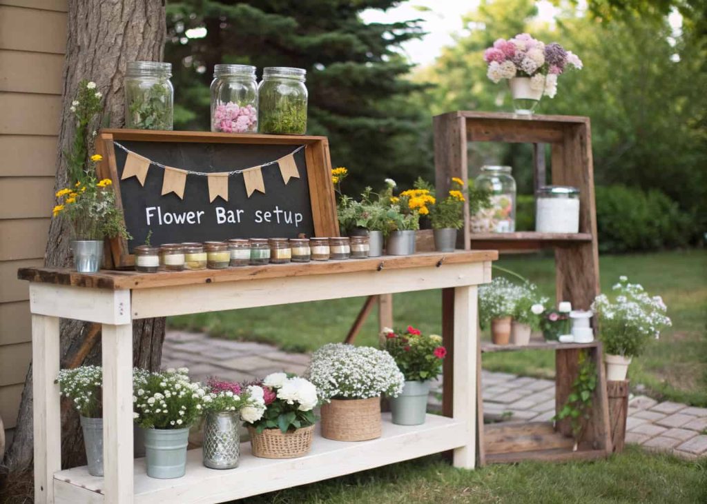 DIY flower bar with personalized labels, chalkboard or kraft paper tags on flower jars, rustic setup, outdoor wedding or celebration, interactive and creative.