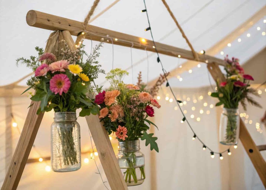 Hanging DIY flower bar, glass jars with flowers suspended from wooden frame, greenery and fairy lights, indoor or tent setup, whimsical style.