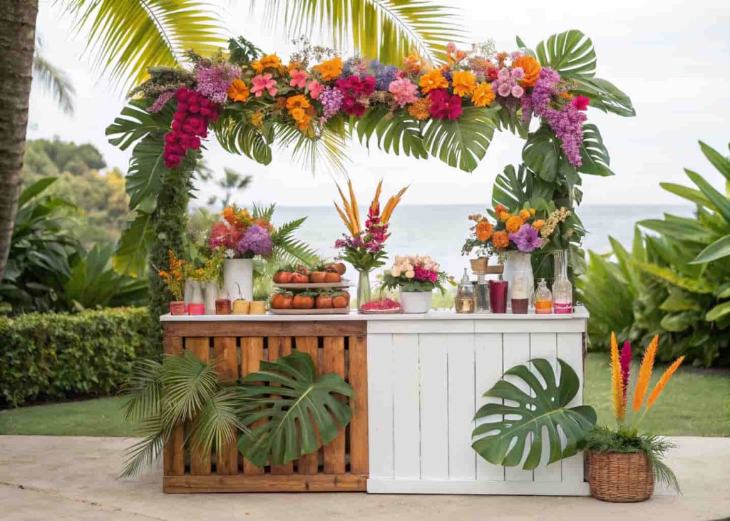 Tropical DIY flower bar, orchids, bird-of-paradise, hibiscus, palm leaves, outdoor summer celebration, vibrant and exotic style.
