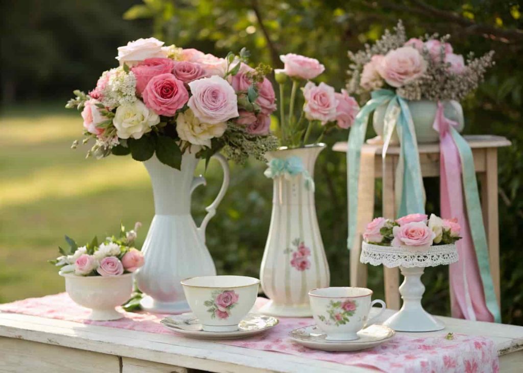 Vintage DIY flower bar, antique vases and teacups with roses and peonies, pastel ribbons, garden wedding setup, romantic and nostalgic style.