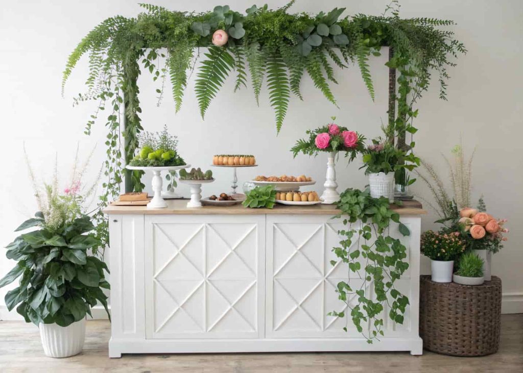 DIY flower bar with greenery focus, ferns, eucalyptus, ivy, small accent flowers, modern indoor or outdoor celebration, fresh and natural look.