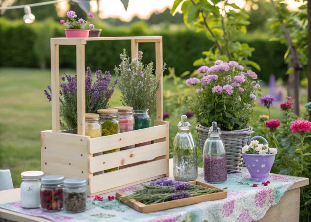 DIY flower bar with fragrant herbs, rosemary, lavender, mint, small flowers in jars, outdoor garden setup, aromatic and interactive design.