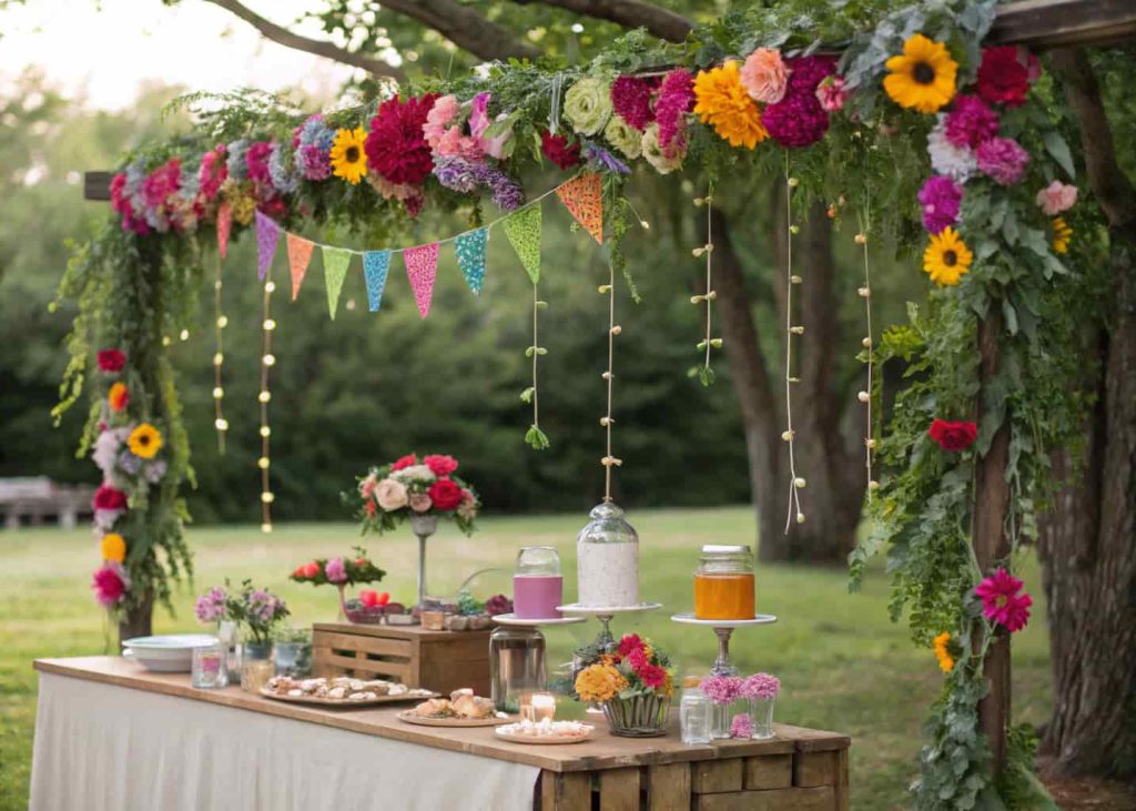 Bohemian hanging garland DIY flower bar, colorful flowers and greenery draped overhead, outdoor party, whimsical and playful style.