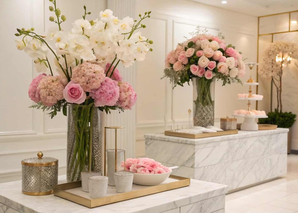 Luxury DIY flower bar, peonies, garden roses, orchids in elegant vases, marble trays, metallic accents, sophisticated indoor setup.