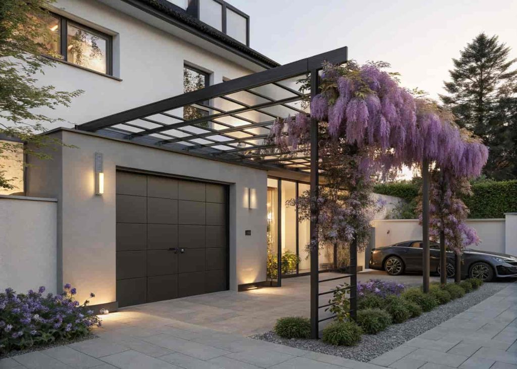 A sleek dark metal geometric trellis above a modern garage door with cascading purple wisteria flowers, contemporary home, minimalist design, golden hour lighting, photorealistic