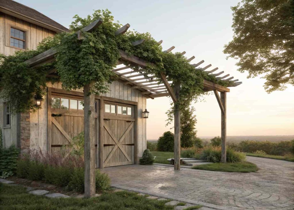  Rustic rough-hewn wooden pergola trellis over a farmhouse garage door, lush green climbing plants, late afternoon warm light, countryside home, natural wood texture, photorealistic