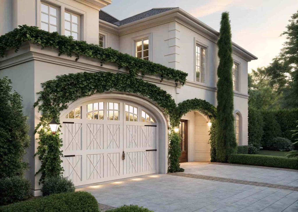 An elegant arched trellis over a double garage door completely covered in lush evergreen ivy, grand home exterior, symmetrical design, soft morning light, photorealistic, curb appeal