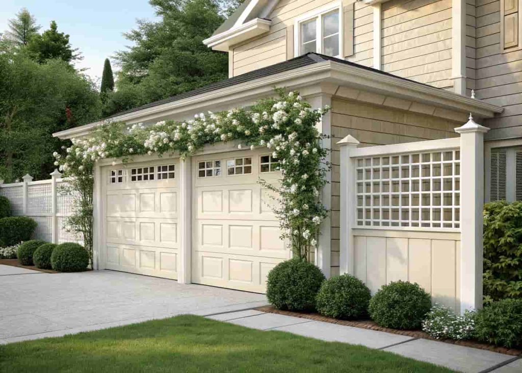 White vinyl lattice panel trellis above a beige garage door with white jasmine blooms, suburban home exterior, clean and neat landscaping, bright daylight, photorealistic