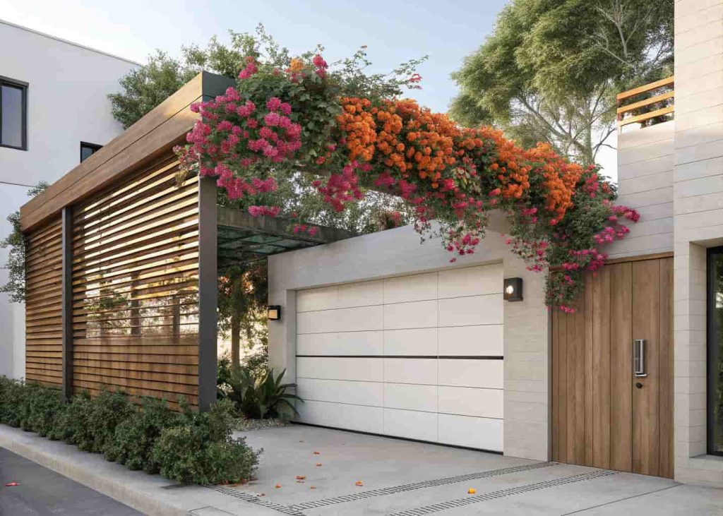 Horizontal wooden slat trellis over a modern garage door with bougainvillea growing through the slats, bold orange and pink flowers, contemporary home facade, clean architectural lines, photorealistic