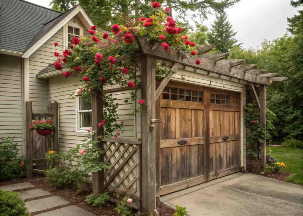 A DIY trellis made from reclaimed barn wood over a garage door with wild climbing roses, rustic and charming home, weathered wood texture, lush green background, photorealistic