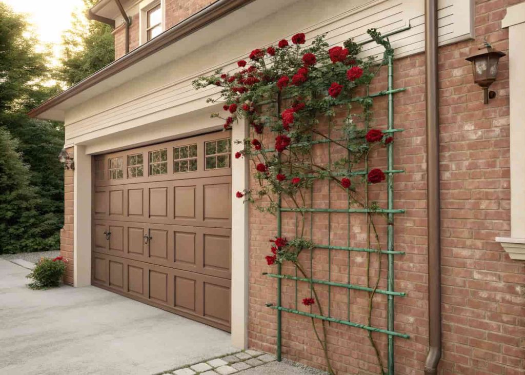  A copper pipe trellis with natural green patina above a brick garage door with deep red climbing roses, artistic and elegant home exterior, vintage feel, soft diffused lighting, photorealistic