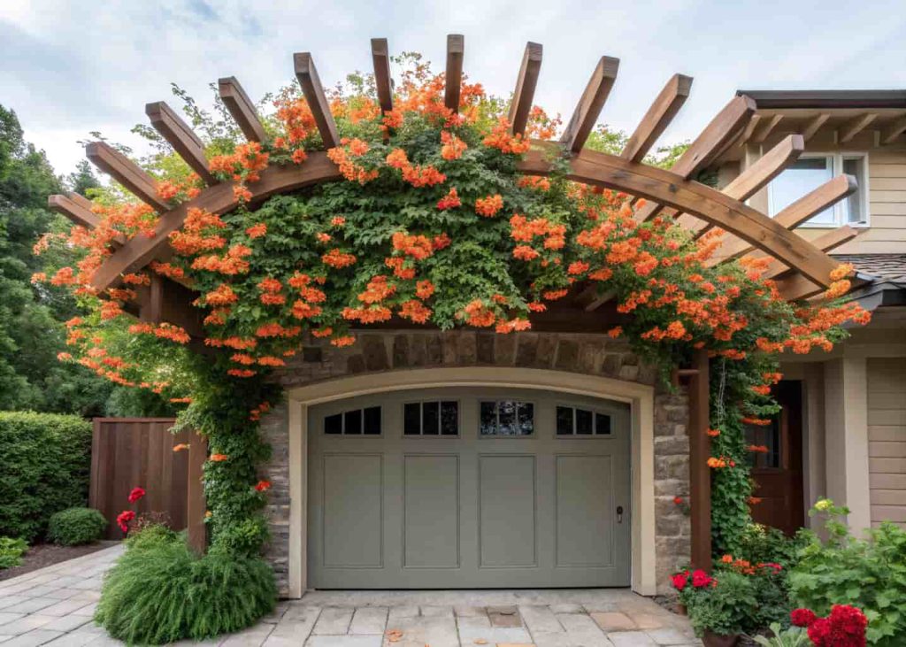 A fan-shaped wooden trellis radiating above a garage door covered with bright orange trumpet vine flowers, dramatic home exterior, wide angle view, lush summer garden, photorealistic