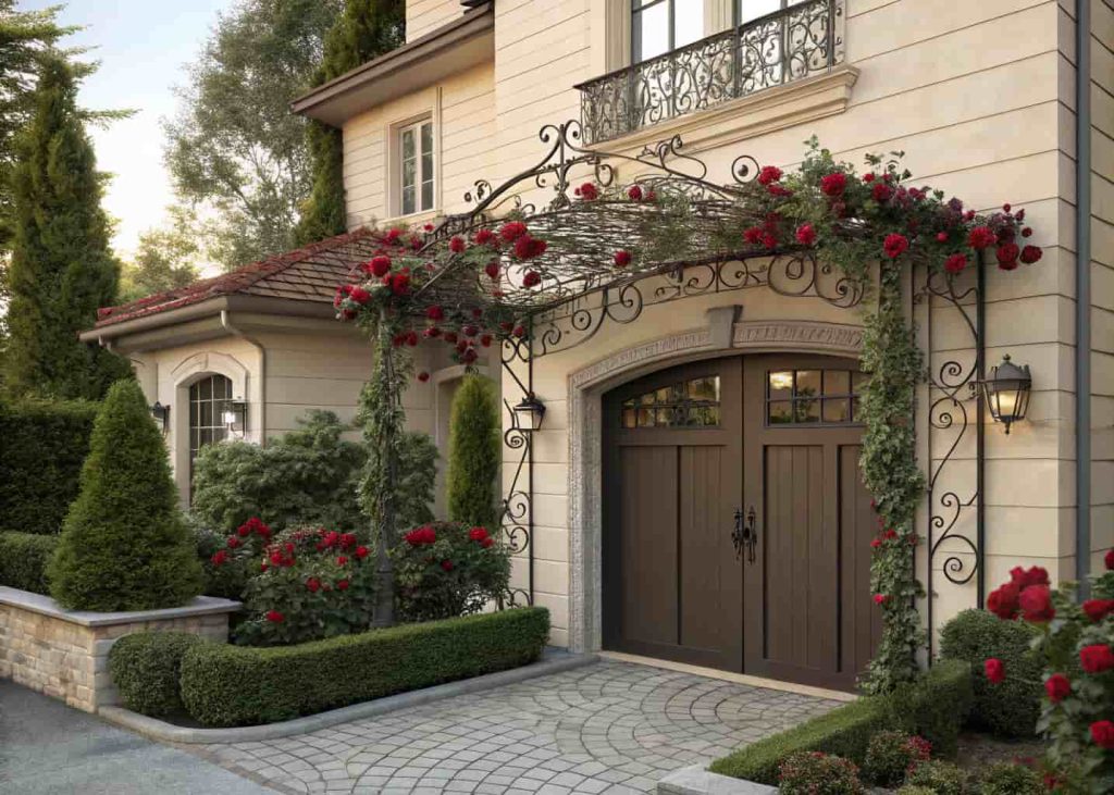 A wrought iron trellis with ornate scrollwork above a formal garage door, climbing roses weaving through the ironwork, neatly trimmed boxwood hedges below, traditional home exterior, rich natural light, photorealistic