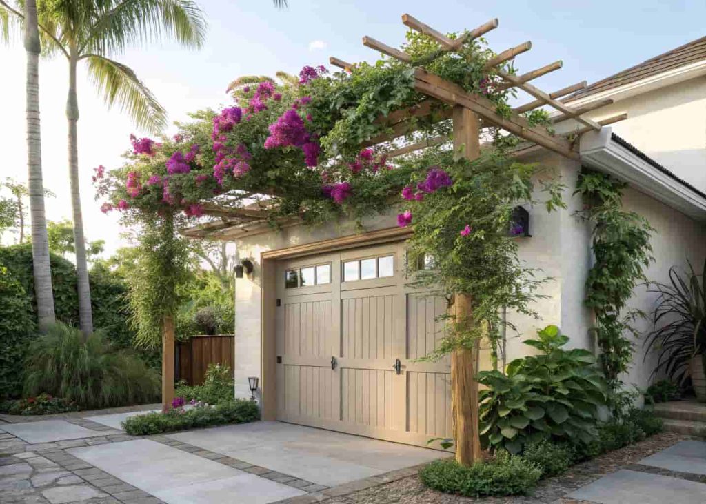A natural bamboo trellis above a garage door with tropical climbing passion flowers, warm coastal home, relaxed zen aesthetic, bright natural light, lush green garden surroundings, photorealistic